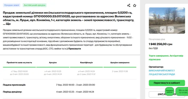 Оголошення про проведення аукціону з продажу земельної ділянки на Конякіна