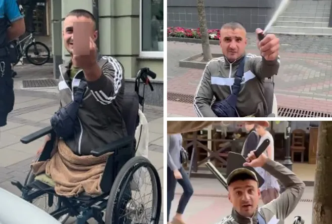 У центрі Луцька чоловік у колісному кріслі, який збирав гроші, погрожував і кидав пляшки у людей (відео)