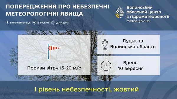 Пориви вітру – до 20 м/с: на Волинь насувається негода