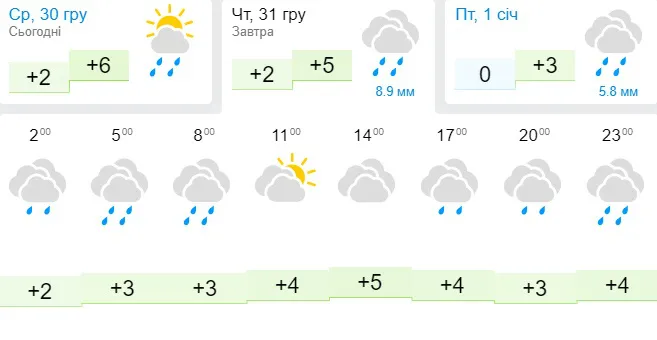 Дощ: погода в Луцьку на четвер, 31 грудня