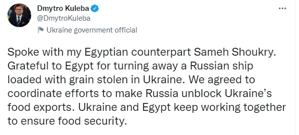 Єгипет розвернув російське судно з викраденим українським зерном, – Кулеба