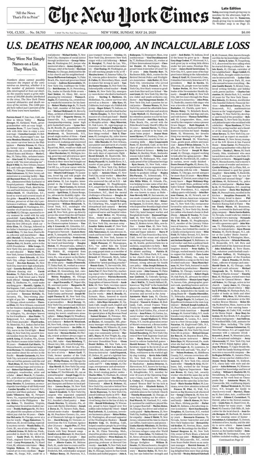 New York Times відвела першу шпальту газети іменам жертв COVID-19 в США