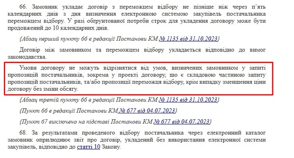 Пункт в особливостях проведення закупівель через електронний кабінет, який забороняє вписувати у договір те, що не передбачено у тендерній пропозиції