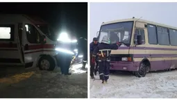 На Волині автобус з пасажирами і «швидка» з пацієнткою застрягли у снігових заметах (фото, відео)