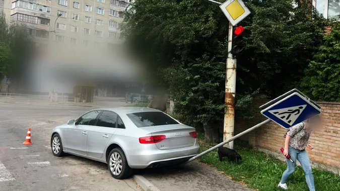 У Луцьку водійка потрощила знак «зебри» (фото)