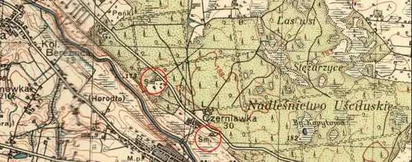 Місця, де проводилося варіння смоли, польська карта 1933 року