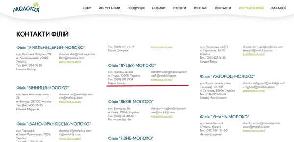 Адреса луцької філії ТМ «Молокія»