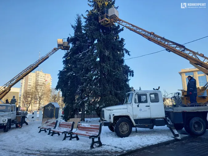 У центрі Луцька з ялинок знімають гірлянди та іграшки (фото)