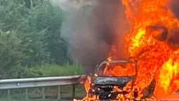 Триметровий стовп диму: на Волині посеред дороги спалахнув автомобіль (відео)