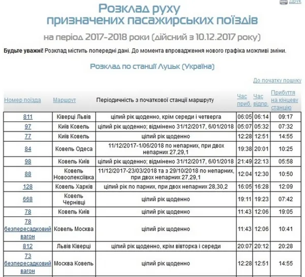 Опублікували новий графік руху поїздів із Луцька 