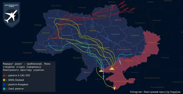 Показали приблизний маршрут ракет та «шахедів» цієї ночі
