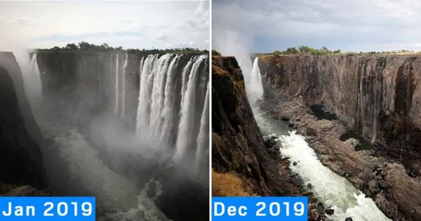 Відомий водоспад Вікторія рекордно обмілів (фото)