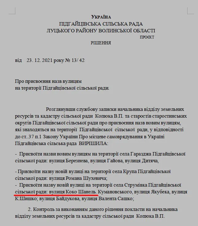 Вулицю в селі біля Луцька хочуть назвати на честь Коко Шанель