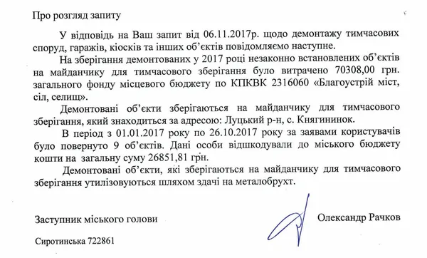 Де і за скільки спочиває майно, демонтоване луцькими муніципалами