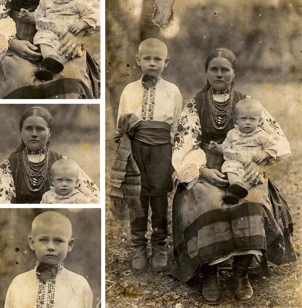 Автор невідомий. 1914 рік. Село Копачів, Київська область. Мати з дітьми в місцевому національному вбранні. Збірка Івана Гончара — альбом “Україна й Українці”.