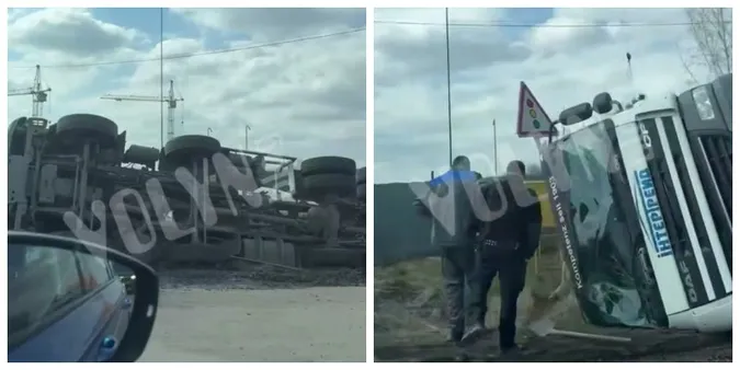 На виїзді з Луцька перекинулась бетономішалка (відео)