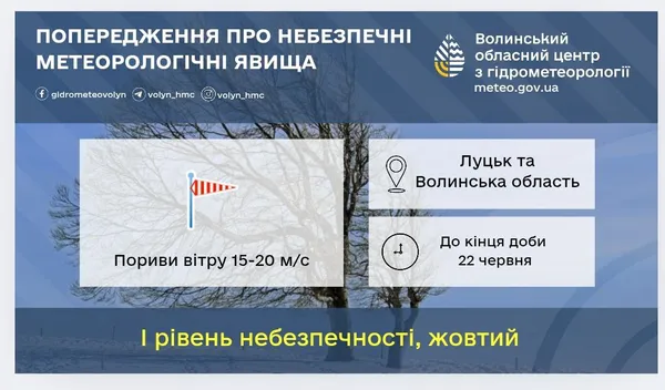 Пориви вітру до 20 м/с: Волинь накриє штормовий вітер