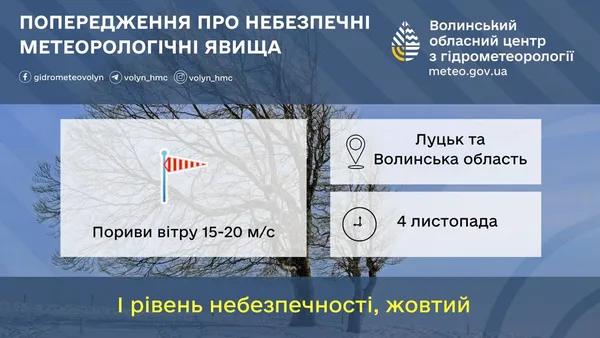 Пориви вітру до 20 м/с: волинян попереджають про негоду