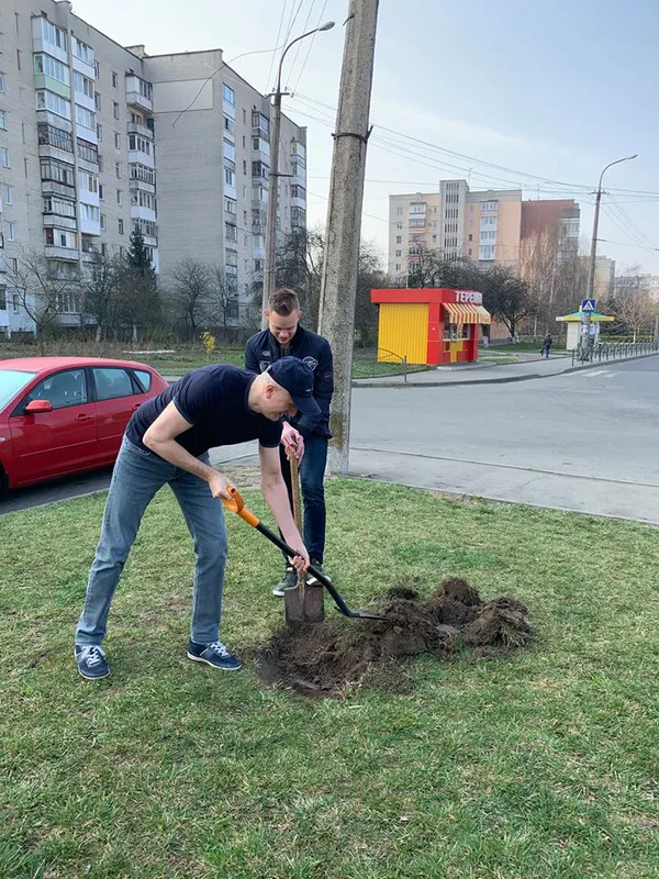 Луцький депутат Яручик із школярами та комунальниками озеленив мікрорайон ЛПЗ (фото)