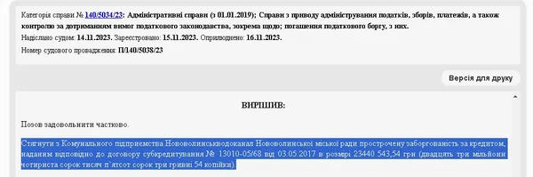 Рішення суду у справі заборгованості