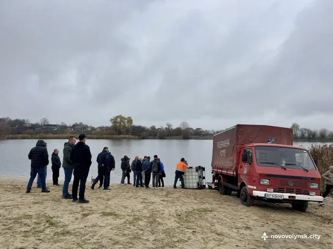 Коропи, амури, карасі: у Нововолинську в озеро випустили пів тонни риби (фото)