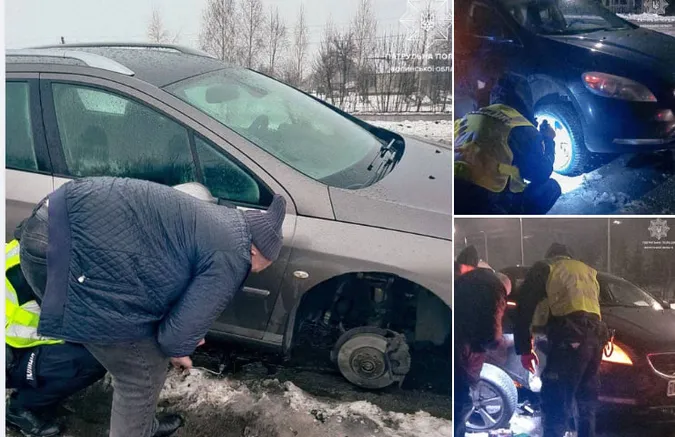 Волинські патрульні допомогли водіям замінити колеса, щоб ті змогли продовжити рух (фото)