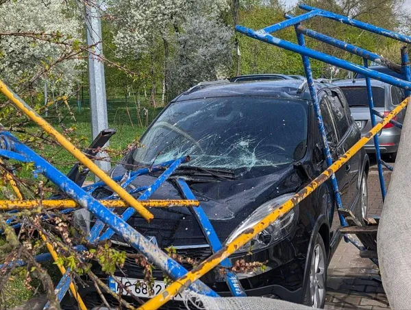 Буревій у Луцьку повалив дерево на припаркований автомобіль (фото, відео)