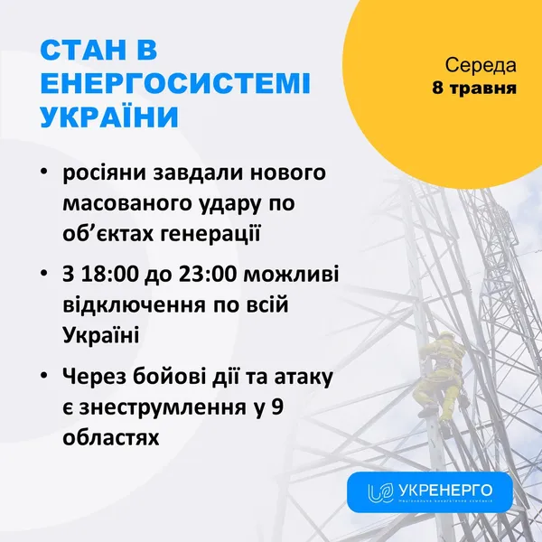 Ввечері по всій країні можливі відключення світла, – «Укренерго»