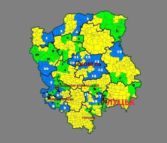 Зеленим кольором та літерами позначено ОТГ, де вибори заплановані на 29 жовтня 2017 року
Синій кольором та цифрами позначені ОТГ, де вибори вже відбулися