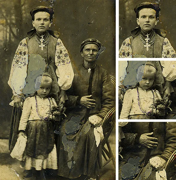 Автор невідомий. 1910 рік. Мати з дочкою та дитям. Усі в місцевому національному вбранні села Пустотівки на Роменщині. Збірка Івана Гончара — альбом “Україна й Українці”.