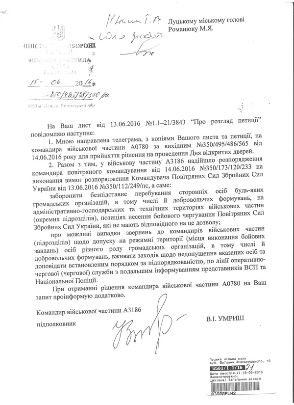 День відкритих дверей на Луцькому військовому аеродромі має погодити командир військчастини