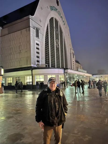 Joseph Kelly at the railway station in Ukraine