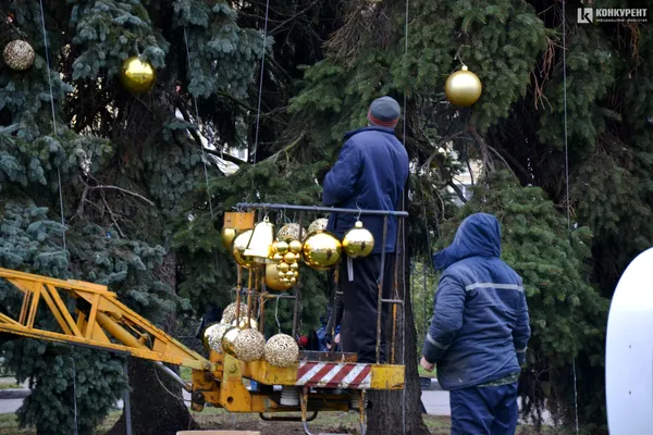 Головні ялинки Луцька прикрашають кулями (фото)