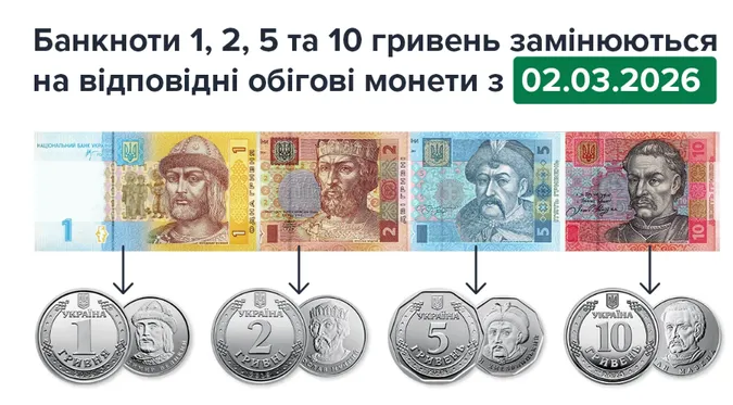 Від 1 до 10 гривень: в Україні з 2 березня вилучають з обігу дрібні банкноти