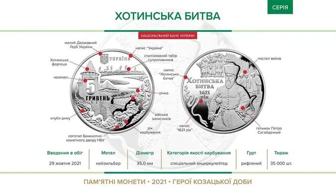 НБУ  введе в обіг рідкісну монету «Хотинська битва» номіналом 5 грн (фото)