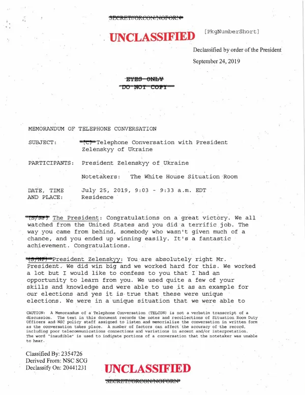 Білий дім опублікував стенограму телефонної розмови Трампа із Зеленським (документ)