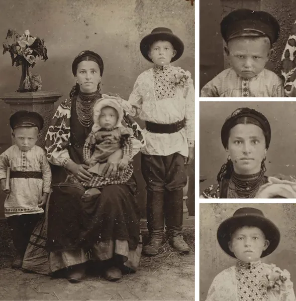 Автор невідомий. 1915 рік. Параска Сивобород — сільська ткаля зі своїми дітьми Данилом і Галею та Дівером Іваном (праворуч). Усі в місцевому національному вбранні. Збірка Івана Гончара — альбом “Україна й Українці”.
