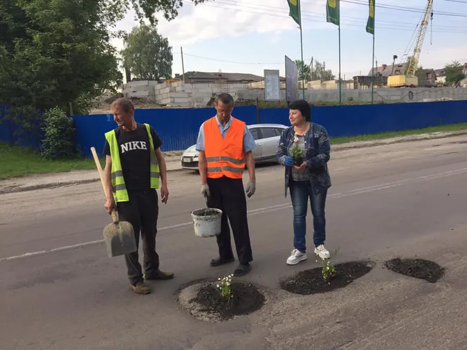 У Луцьку на двох вулицях у вибоїнах посадили квіти (фото, оновлено)