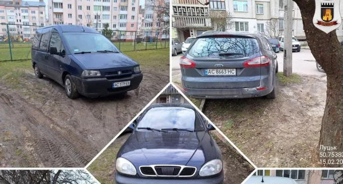 Буде штраф: у луцькому дворі пів десятка автомобілів стояли на клумбах і газонах (фото)