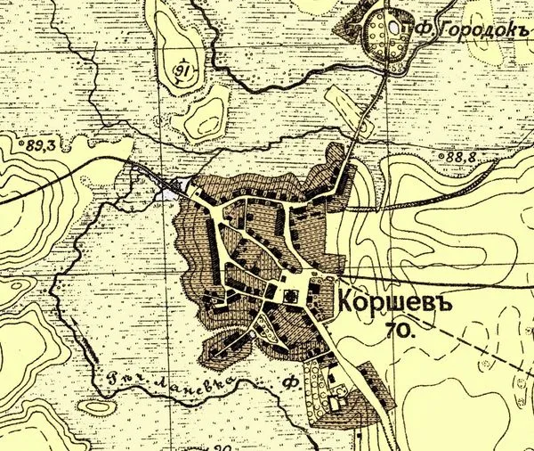 Ринок, церква, водяний млин: село Коршів під Луцьком на мапі 1886 року