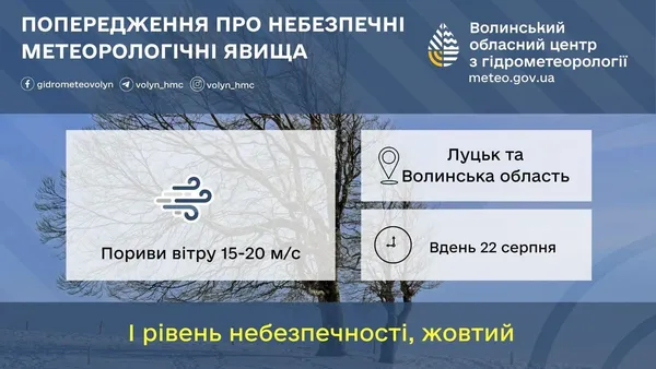 Шквальний вітер суне на Волинь: синоптики оголосили жовтий рівень небезпеки