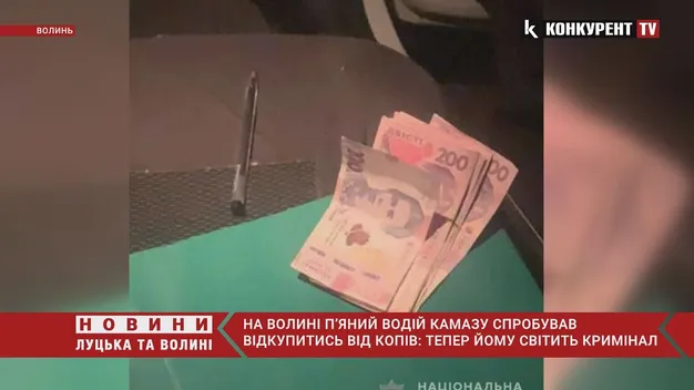Під Луцьком п'яний водій КамАЗу підкинув гроші в патрульне авто (фото, відео)