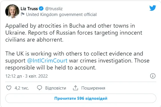 Глава МЗС Британії приголомшена звірствами росіян в Бучі