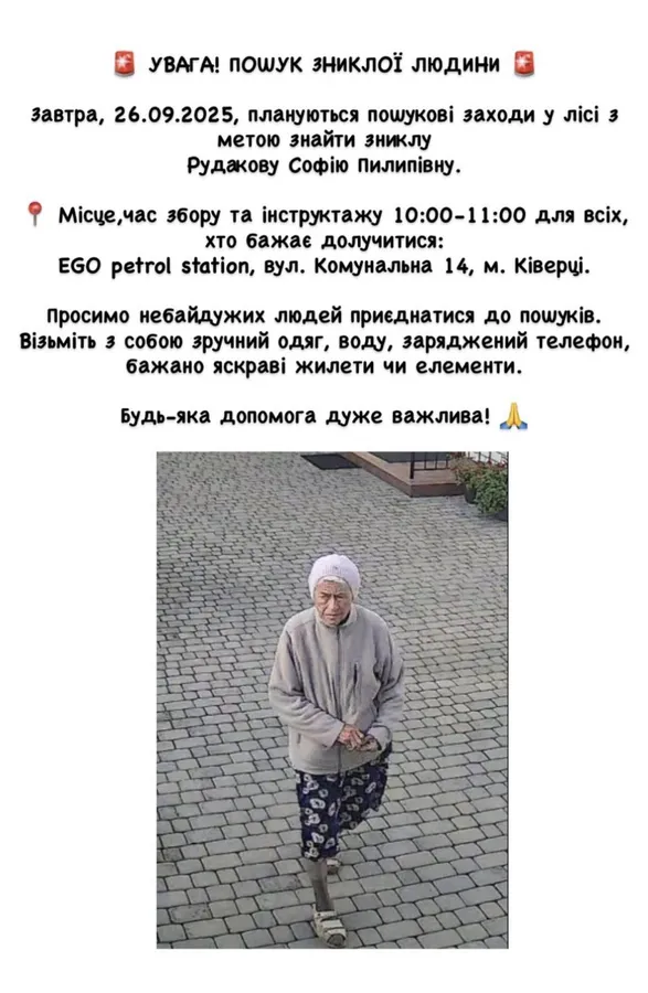 Зникла майже тиждень тому: на Волині досі шукають бабусю (фото)