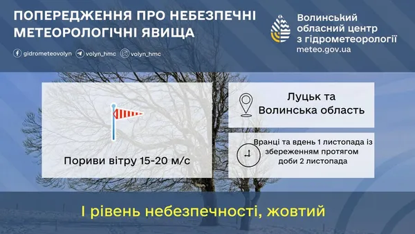 Пориви вітру – до 20 м/с: на Волині дві доби вируватиме негода