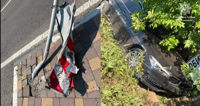 Зніс дорожні знаки та опинився в кюветі: на Волині сталася ДТП з BMW (фото)