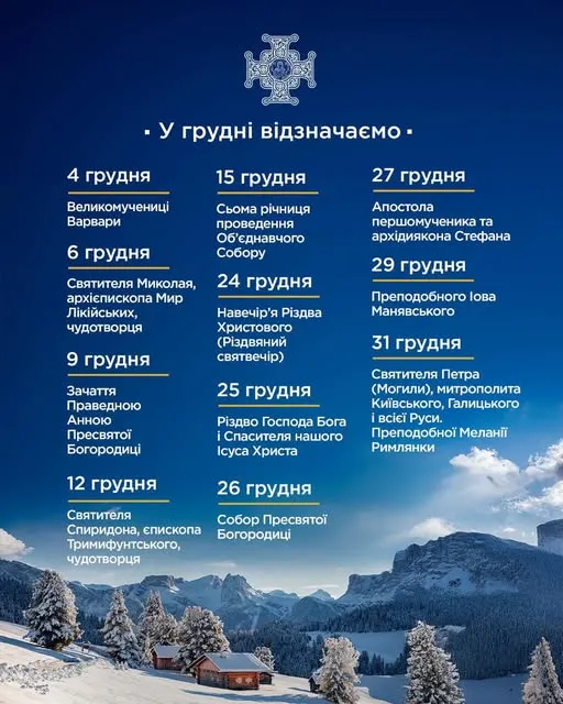 Церковний календар на грудень 2025: коли святкуємо Святого Миколая і Різдво