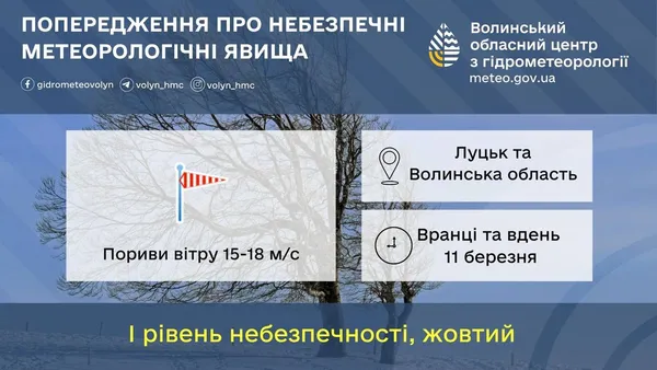 У Луцьку та в області буде вітряно – «жовтий» рівень небезпеки