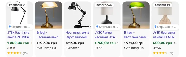 Ціни на настільні лампи
